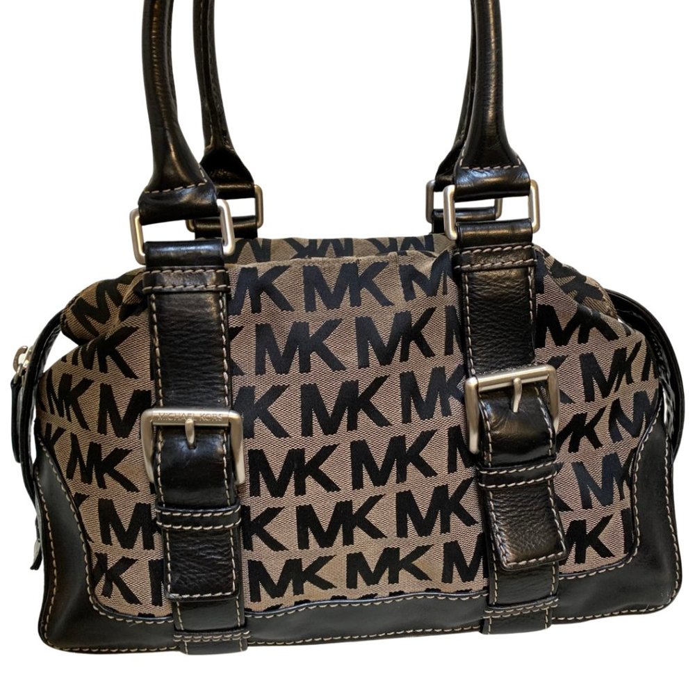 SOLD! MICHAEL KORS Black & White Signature Canvas Buckle-Trimmed Satchel - Picture 13 of 13